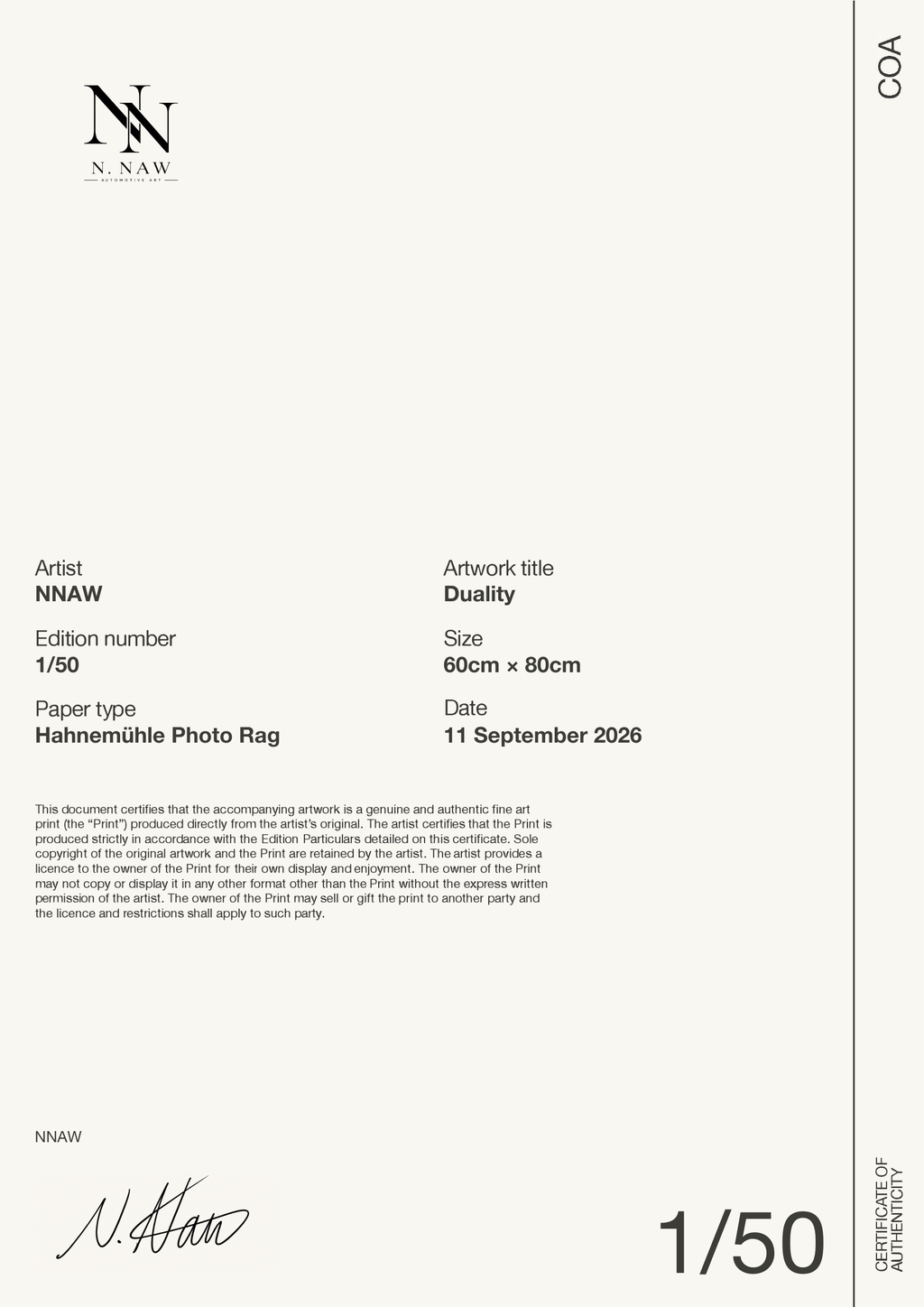 Duality — Certificate of Authenticity